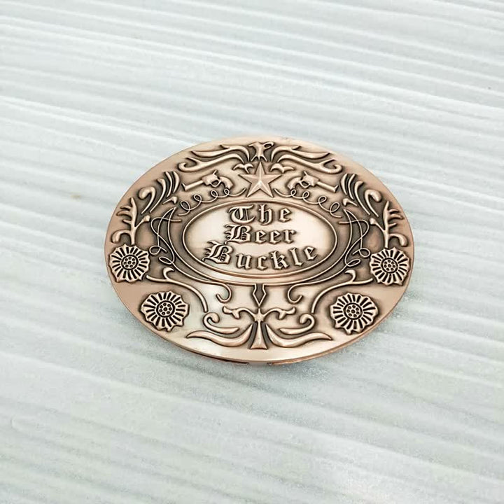 Cinturón de cuero con hebilla para hombre, con diseño creativo de flores grabadas, para llevar cerveza