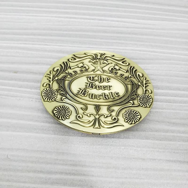 Cinturón de cuero con hebilla para hombre, con diseño creativo de flores grabadas, para llevar cerveza