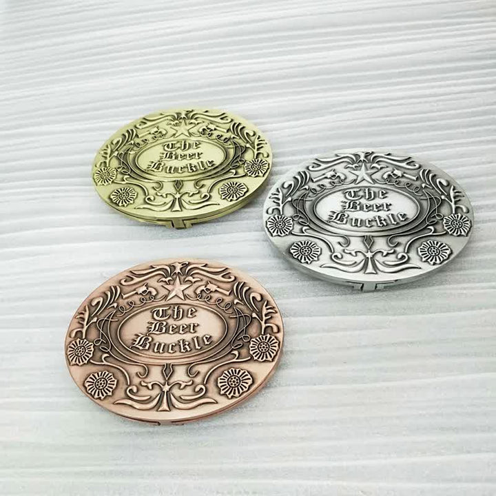 Cinturón de cuero con hebilla para hombre, con diseño creativo de flores grabadas, para llevar cerveza