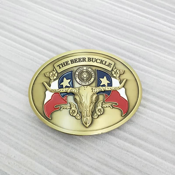 Cinturón de cuero con hebilla para hombre, con diseño creativo de toro del salvaje oeste, para llevar cerveza