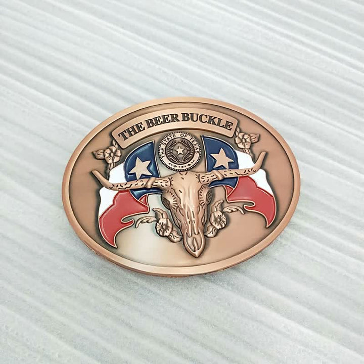 Cinturón de cuero con hebilla para hombre, con diseño creativo de toro del salvaje oeste, para llevar cerveza