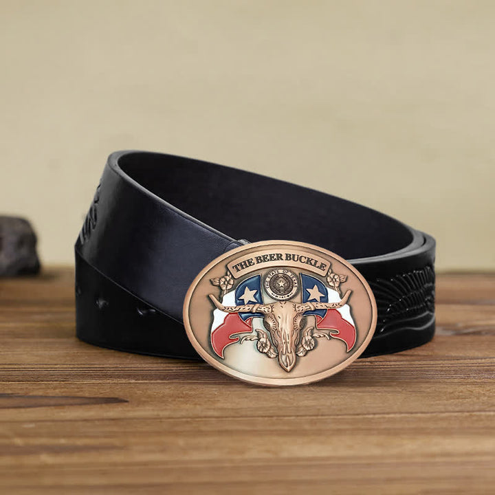 Cinturón de cuero con hebilla para hombre, con diseño creativo de toro del salvaje oeste, para llevar cerveza
