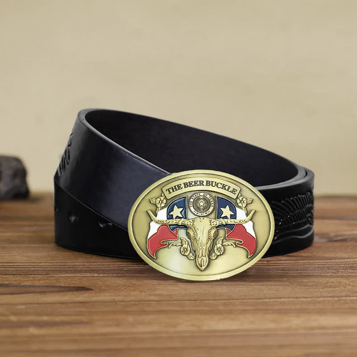 Cinturón de cuero con hebilla para hombre, con diseño creativo de toro del salvaje oeste, para llevar cerveza