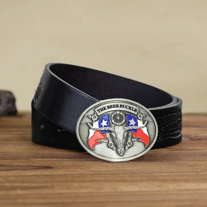 Cinturón de cuero con hebilla para hombre, con diseño creativo de toro del salvaje oeste, para llevar cerveza