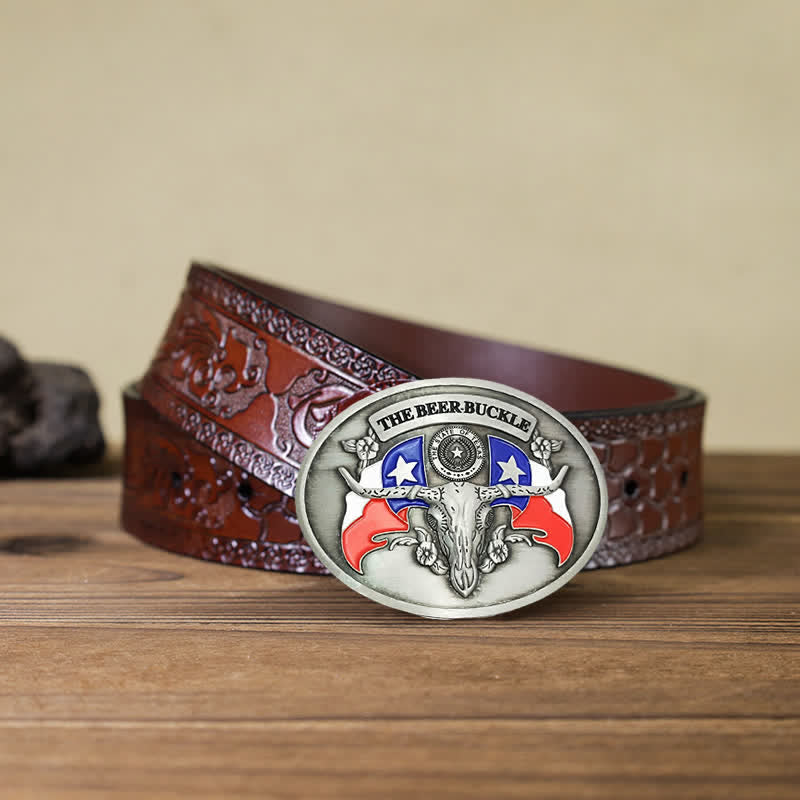 Cinturón de cuero con hebilla para hombre, con diseño creativo de toro del salvaje oeste, para llevar cerveza