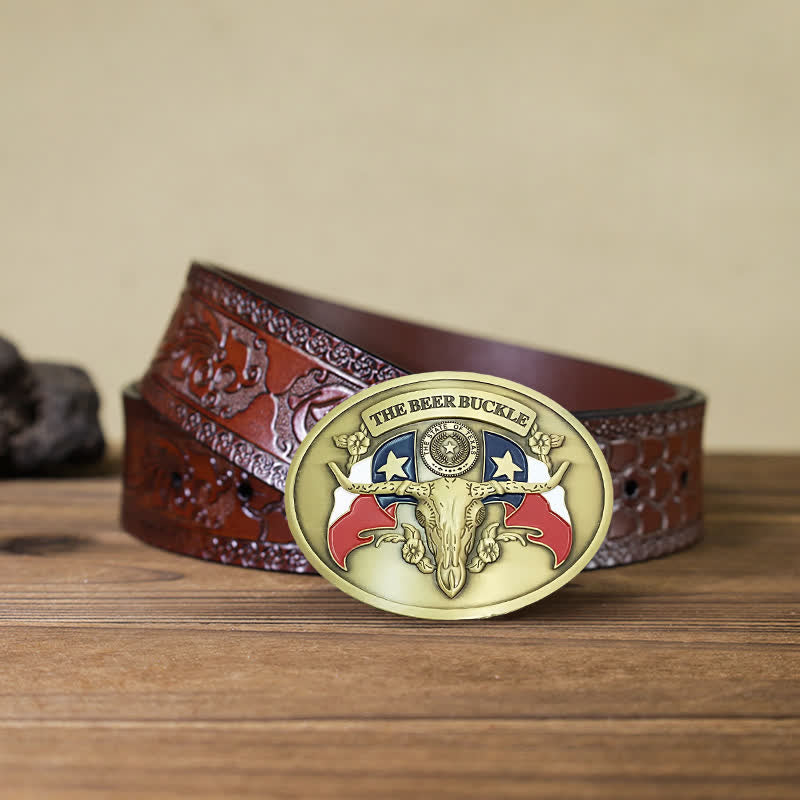 Cinturón de cuero con hebilla para hombre, con diseño creativo de toro del salvaje oeste, para llevar cerveza