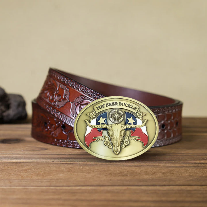 Cinturón de cuero con hebilla para hombre, con diseño creativo de toro del salvaje oeste, para llevar cerveza