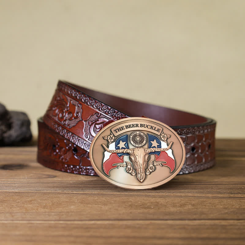 Cinturón de cuero con hebilla para hombre, con diseño creativo de toro del salvaje oeste, para llevar cerveza