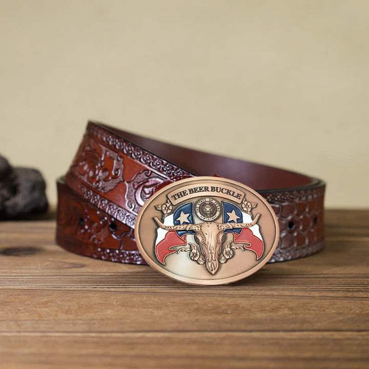 Cinturón de cuero con hebilla para hombre, con diseño creativo de toro del salvaje oeste, para llevar cerveza
