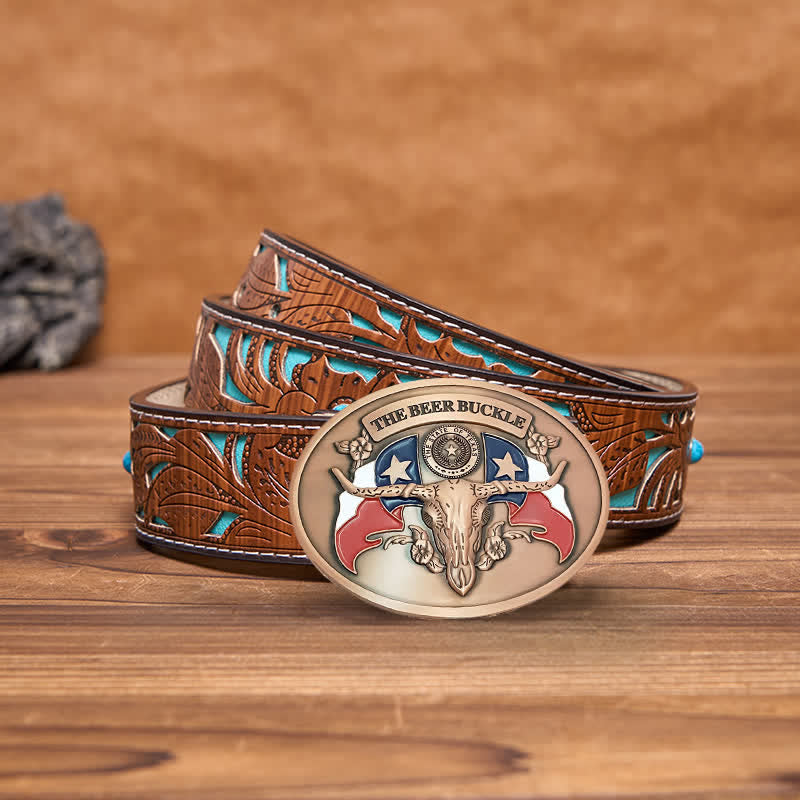 Cinturón de cuero con hebilla para hombre, con diseño creativo de toro del salvaje oeste, para llevar cerveza