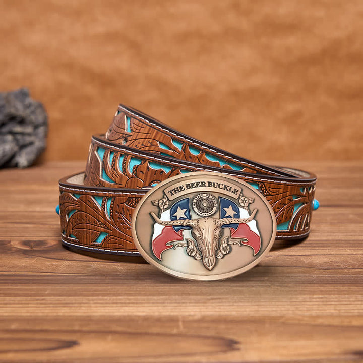 Cinturón de cuero con hebilla para hombre, con diseño creativo de toro del salvaje oeste, para llevar cerveza