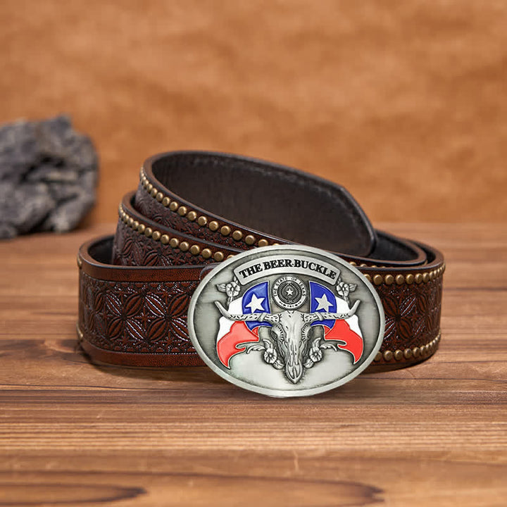 Cinturón de cuero con hebilla para hombre, con diseño creativo de toro del salvaje oeste, para llevar cerveza