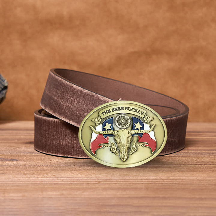 Cinturón de cuero con hebilla para hombre, con diseño creativo de toro del salvaje oeste, para llevar cerveza
