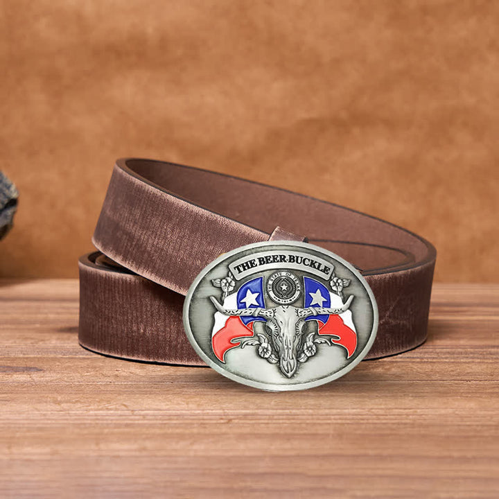 Cinturón de cuero con hebilla para hombre, con diseño creativo de toro del salvaje oeste, para llevar cerveza