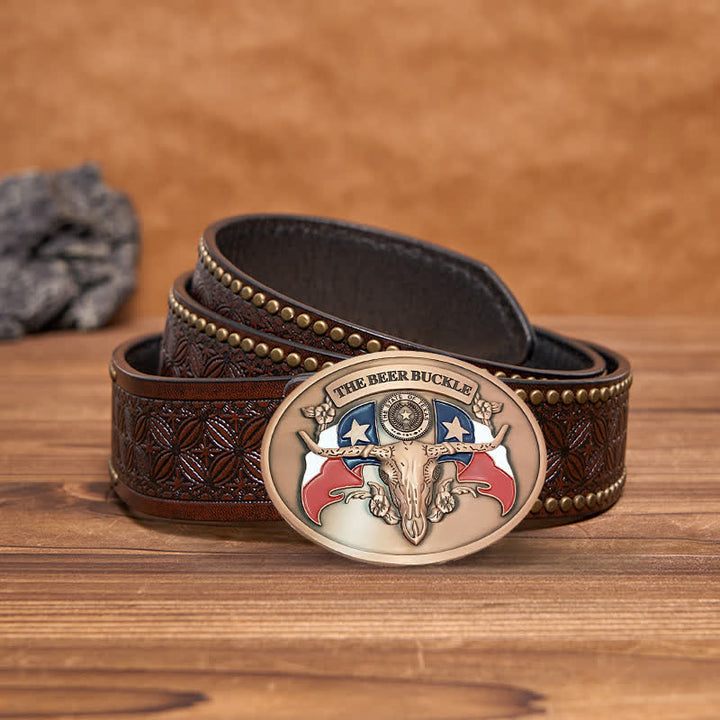 Cinturón de cuero con hebilla para hombre, con diseño creativo de toro del salvaje oeste, para llevar cerveza