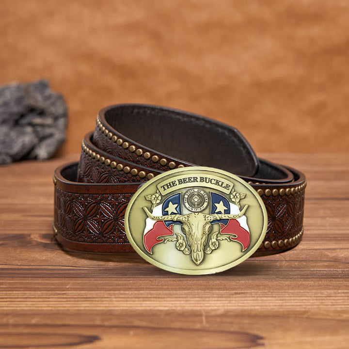 Cinturón de cuero con hebilla para hombre, con diseño creativo de toro del salvaje oeste, para llevar cerveza
