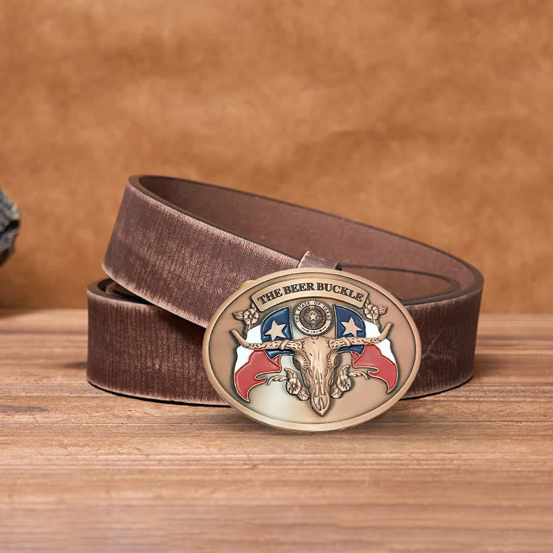 Cinturón de cuero con hebilla para hombre, con diseño creativo de toro del salvaje oeste, para llevar cerveza