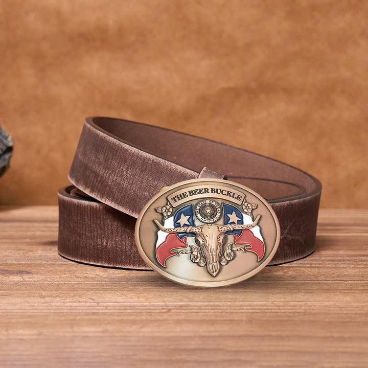 Cinturón de cuero con hebilla para hombre, con diseño creativo de toro del salvaje oeste, para llevar cerveza