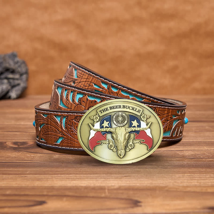 Cinturón de cuero con hebilla para hombre, con diseño creativo de toro del salvaje oeste, para llevar cerveza