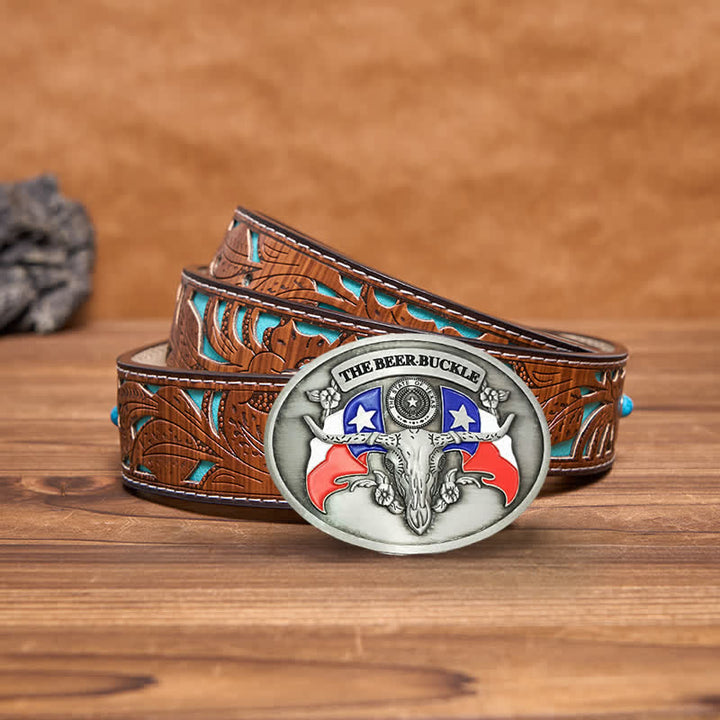 Cinturón de cuero con hebilla para hombre, con diseño creativo de toro del salvaje oeste, para llevar cerveza