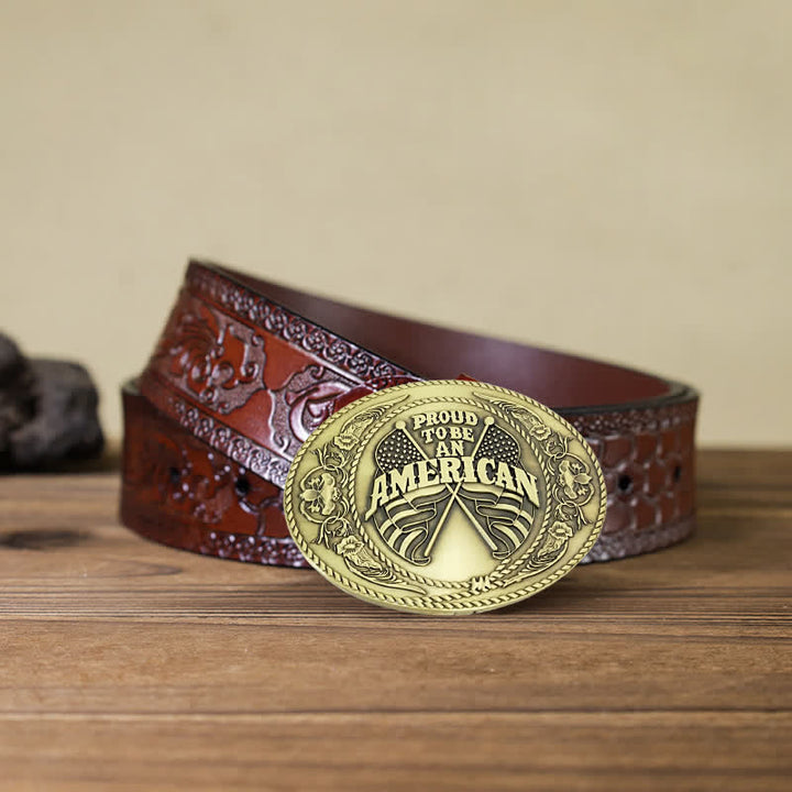 Cinturón de cuero con hebilla para hombre, hecho a mano, con dos banderas estadounidenses y porta cerveza creativo