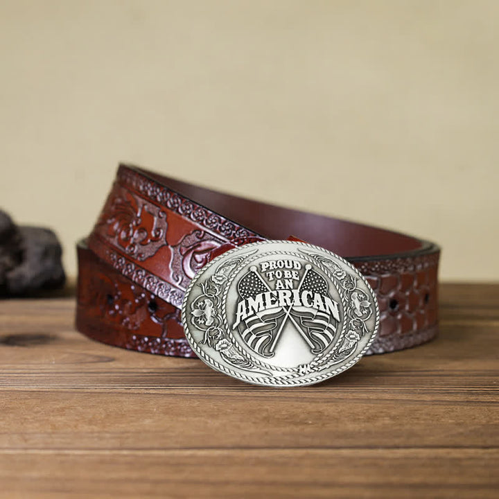 Cinturón de cuero con hebilla para hombre, hecho a mano, con dos banderas estadounidenses y porta cerveza creativo