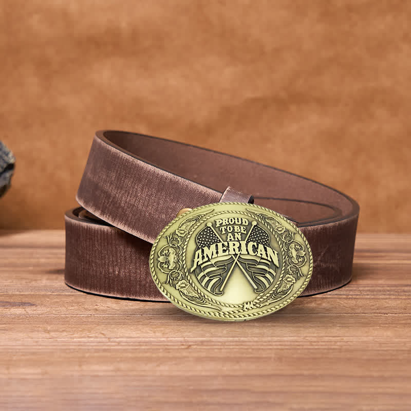 Cinturón de cuero con hebilla para hombre, hecho a mano, con dos banderas estadounidenses y porta cerveza creativo
