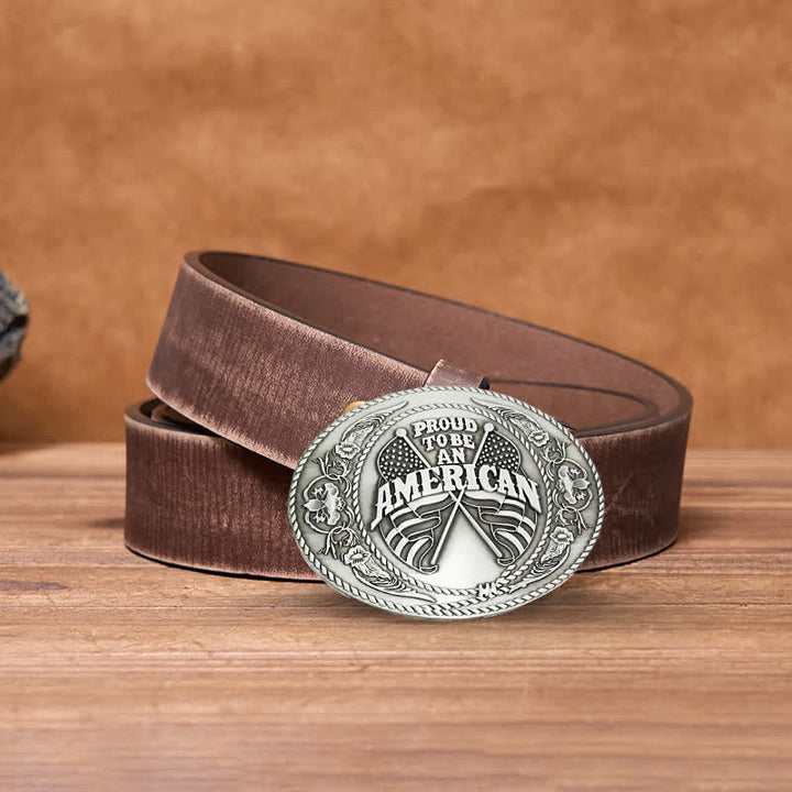 Cinturón de cuero con hebilla para hombre, hecho a mano, con dos banderas estadounidenses y porta cerveza creativo