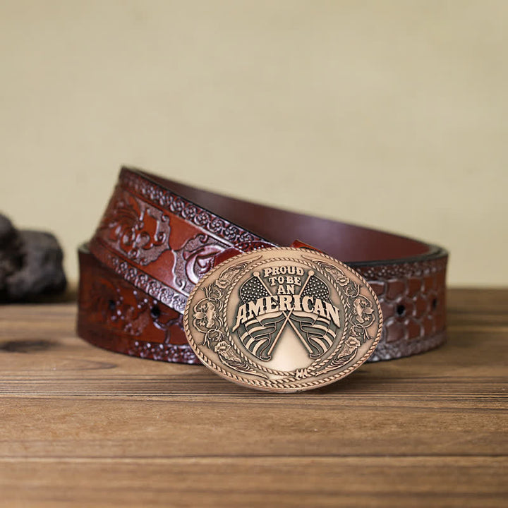 Cinturón de cuero con hebilla para hombre, hecho a mano, con dos banderas estadounidenses y porta cerveza creativo