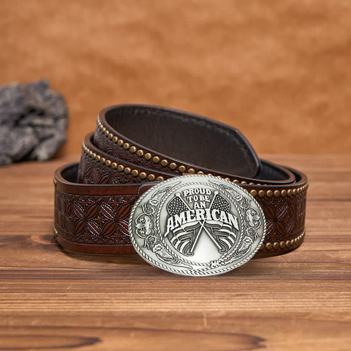Cinturón de cuero con hebilla para hombre, hecho a mano, con dos banderas estadounidenses y porta cerveza creativo