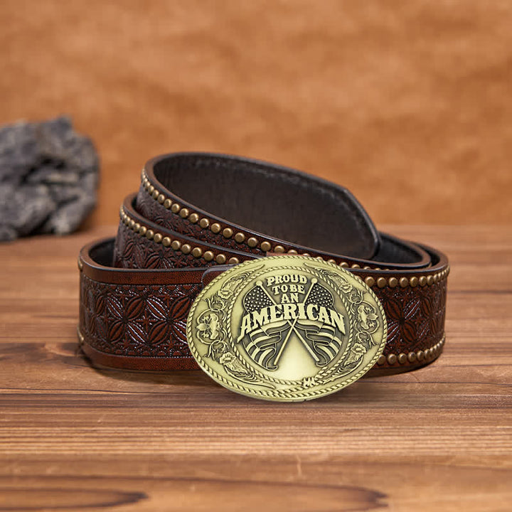 Cinturón de cuero con hebilla para hombre, hecho a mano, con dos banderas estadounidenses y porta cerveza creativo