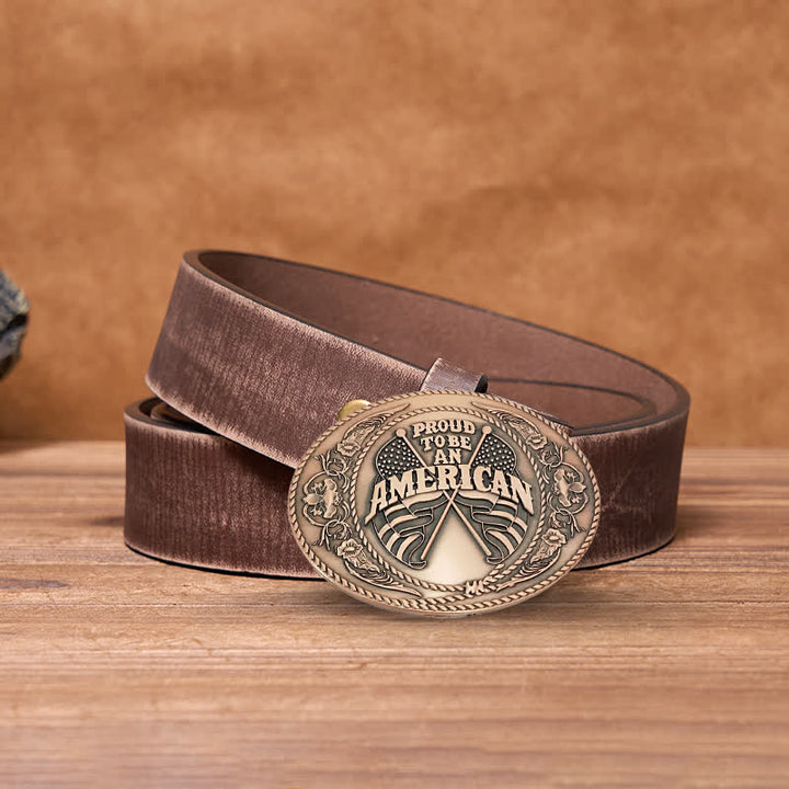 Cinturón de cuero con hebilla para hombre, hecho a mano, con dos banderas estadounidenses y porta cerveza creativo
