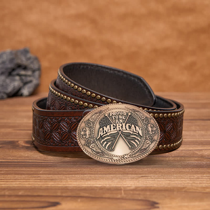 Cinturón de cuero con hebilla para hombre, hecho a mano, con dos banderas estadounidenses y porta cerveza creativo