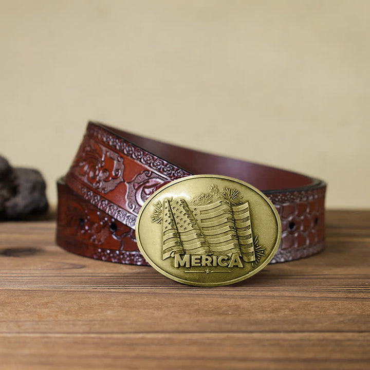 Cinturón de cuero con hebilla para hombre, hecho a mano, con la bandera del orgullo estadounidense