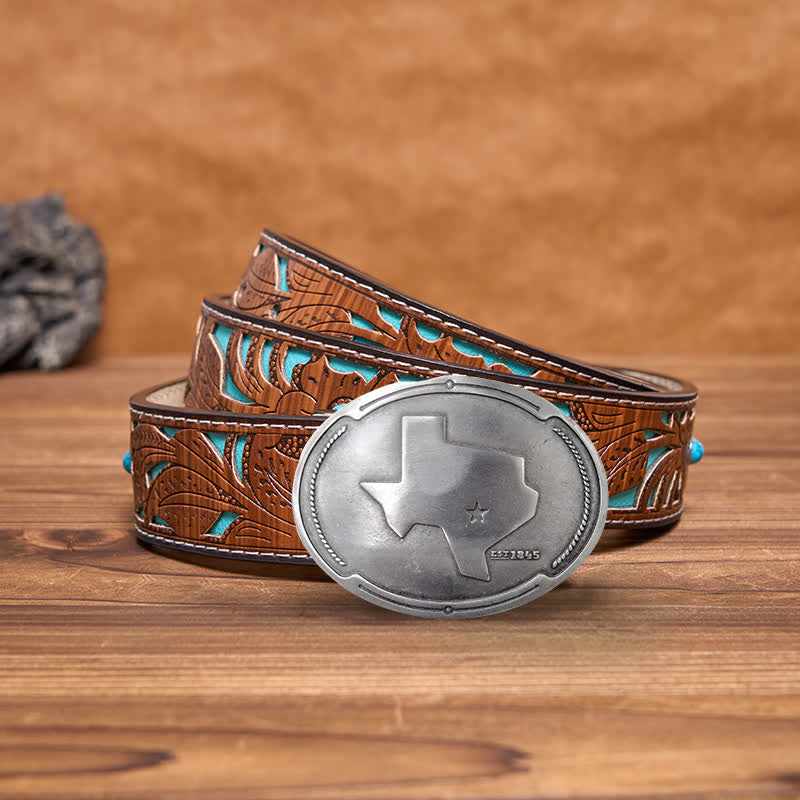 Cinturón de cuero con hebilla para hombre con diseño creativo de mapa del estado de Texas