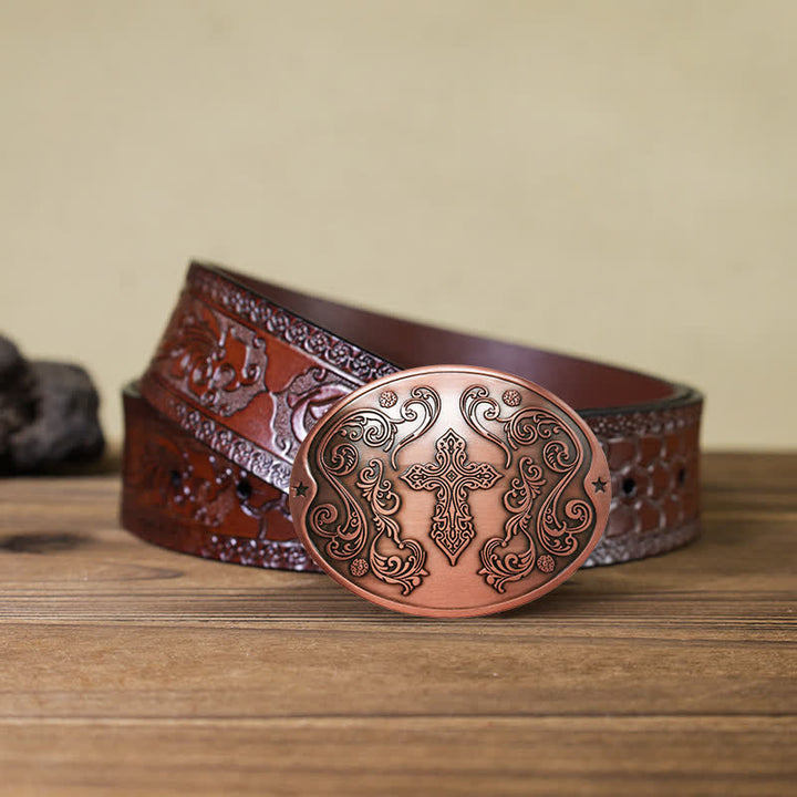 Cinturón de cuero con hebilla para hombre con diseño creativo de cruz tallada a mano