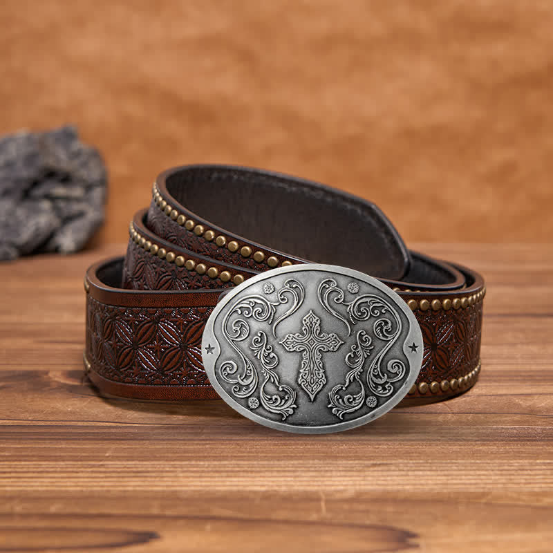 Cinturón de cuero con hebilla para hombre con diseño creativo de cruz tallada a mano