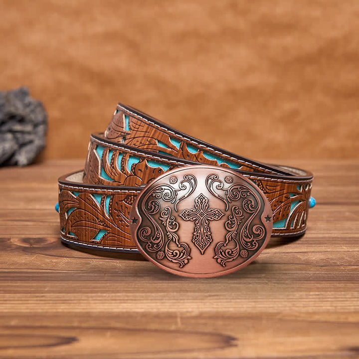 Cinturón de cuero con hebilla para hombre con diseño creativo de cruz tallada a mano