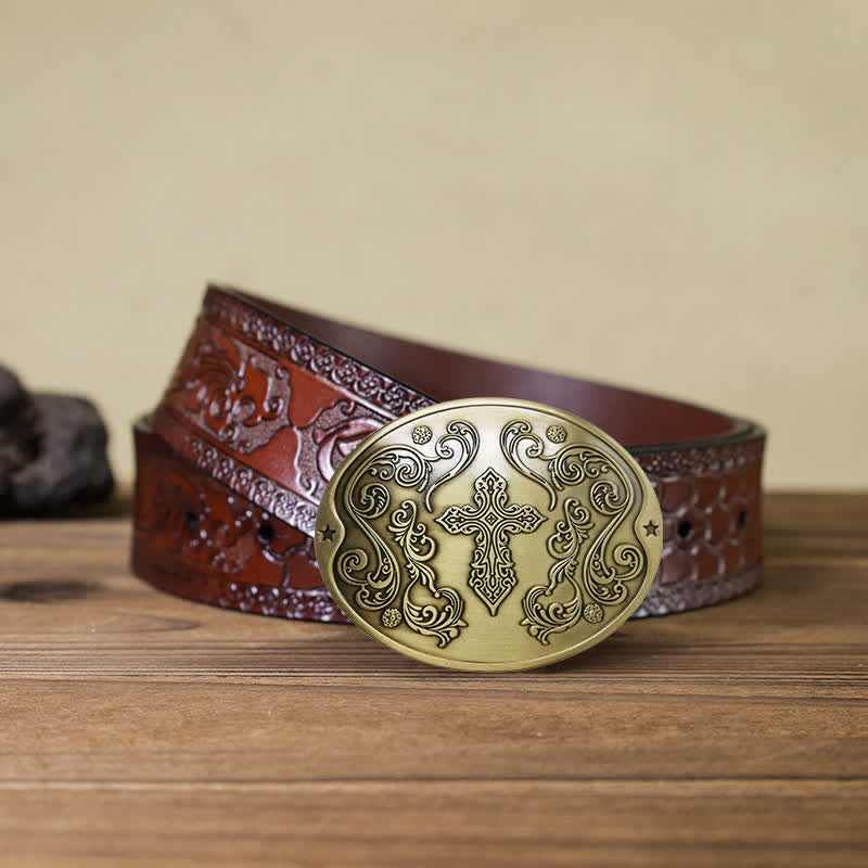 Cinturón de cuero con hebilla para hombre con diseño creativo de cruz tallada a mano