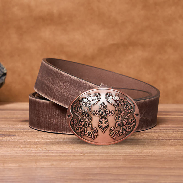 Cinturón de cuero con hebilla para hombre con diseño creativo de cruz tallada a mano