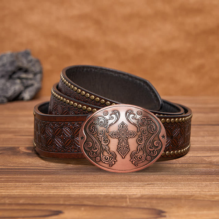 Cinturón de cuero con hebilla para hombre con diseño creativo de cruz tallada a mano