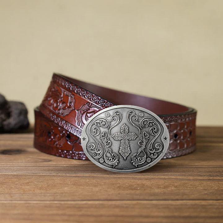Cinturón de cuero con hebilla para hombre con diseño creativo de cruz tallada a mano