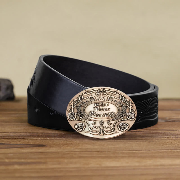 Cinturón de cuero con hebilla para hombre, con diseño creativo de flores grabadas, para llevar cerveza