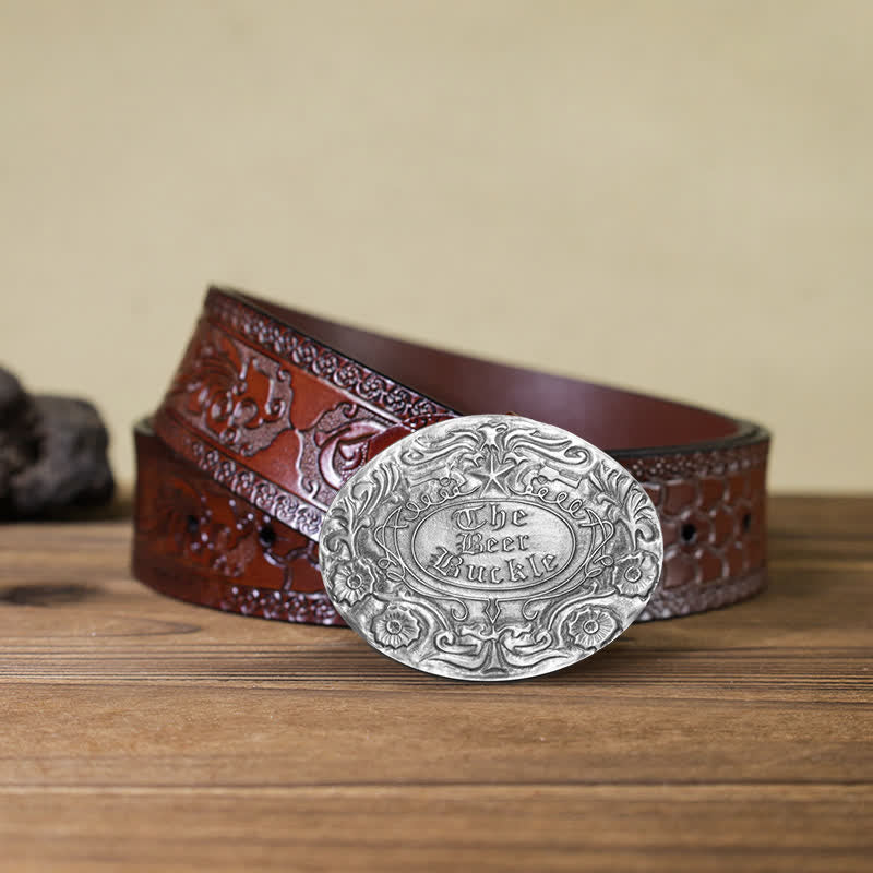 Cinturón de cuero con hebilla para hombre, con diseño creativo de flores grabadas, para llevar cerveza