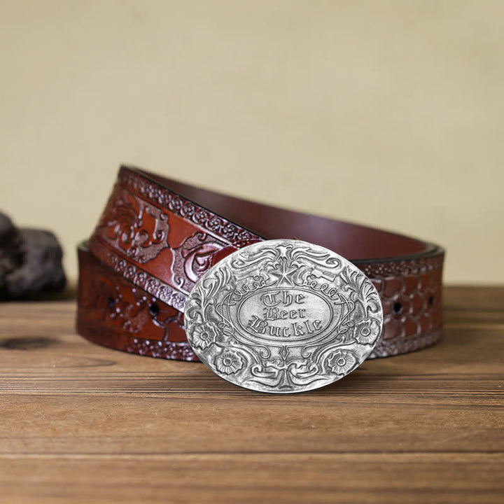 Cinturón de cuero con hebilla para hombre, con diseño creativo de flores grabadas, para llevar cerveza