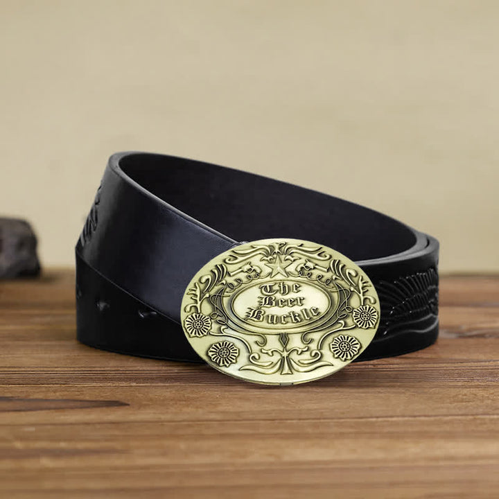 Cinturón de cuero con hebilla para hombre, con diseño creativo de flores grabadas, para llevar cerveza