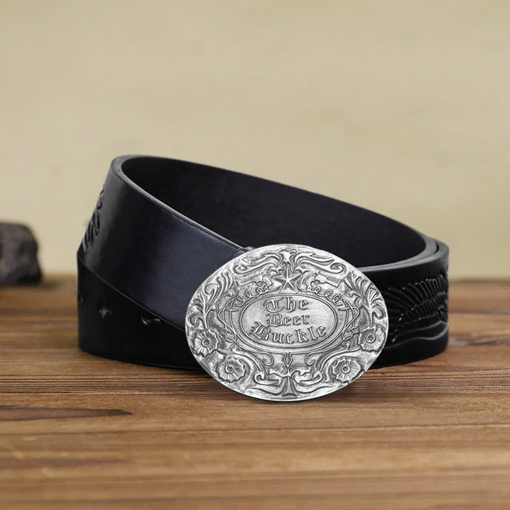 Cinturón de cuero con hebilla para hombre, con diseño creativo de flores grabadas, para llevar cerveza