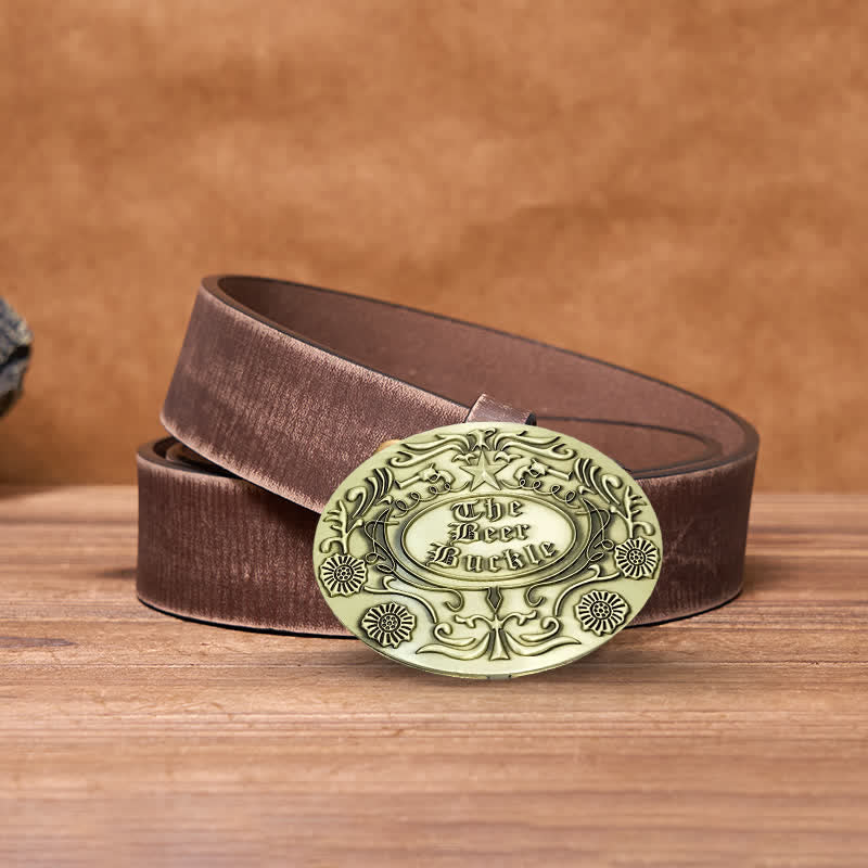 Cinturón de cuero con hebilla para hombre, con diseño creativo de flores grabadas, para llevar cerveza