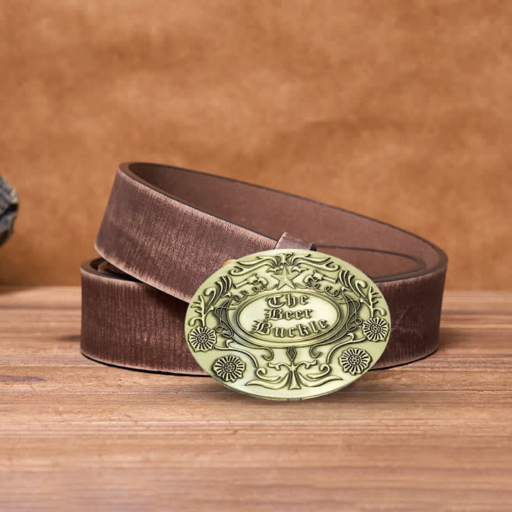 Cinturón de cuero con hebilla para hombre, con diseño creativo de flores grabadas, para llevar cerveza