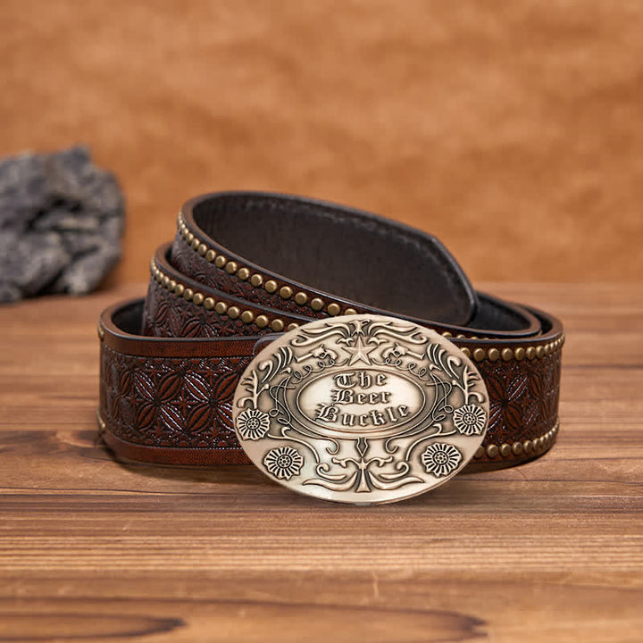 Cinturón de cuero con hebilla para hombre, con diseño creativo de flores grabadas, para llevar cerveza
